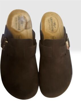 Women’s Dark Brown Suede Slip-On Clogs with Buckle